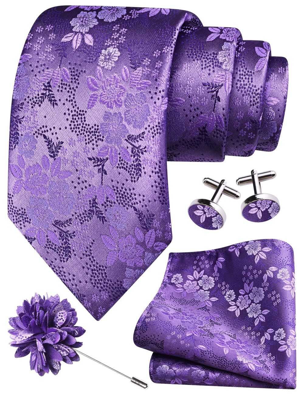 1696 Lavender Purple Tie for Wedding Silk Floral Necktie Pocket Square